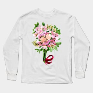 Pink Flowers Bouquet with red ribbon, watercolor Long Sleeve T-Shirt